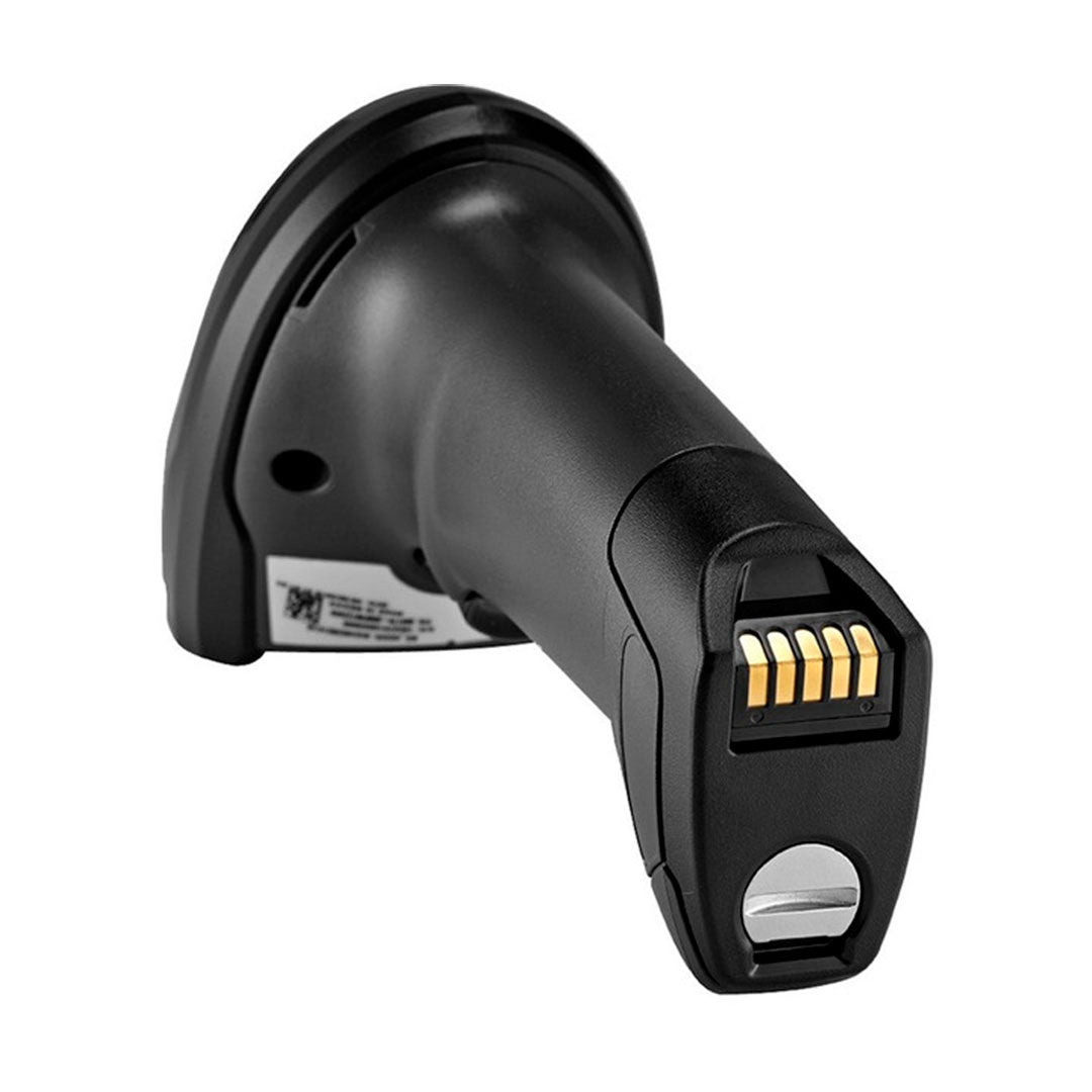 Escáner de código de barras inalámbrico negro, conector visible, ideal para puntos de venta y logística.