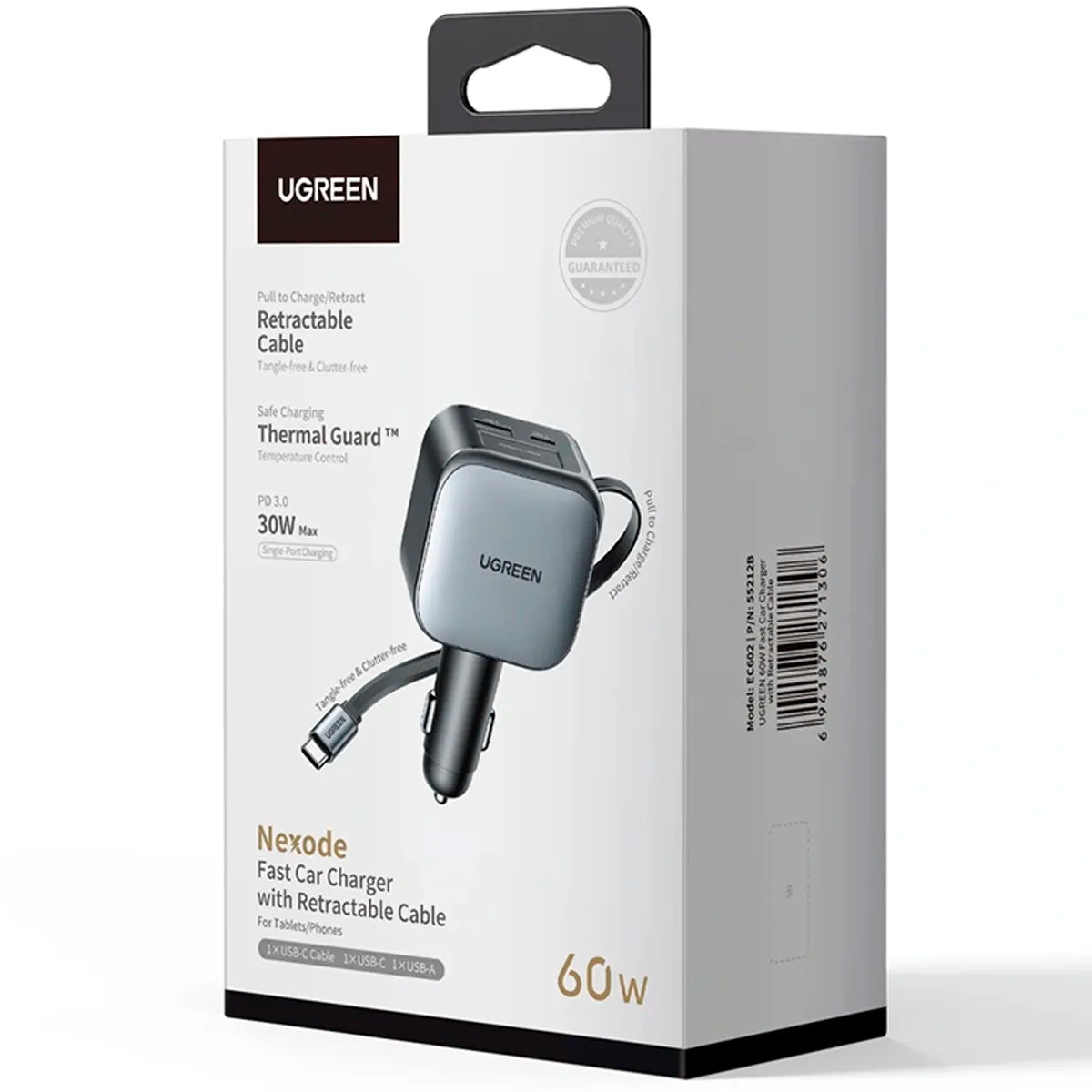 UGREEN EC602 55212B Cargador de Auto Nexode 60W con Cable Retractil