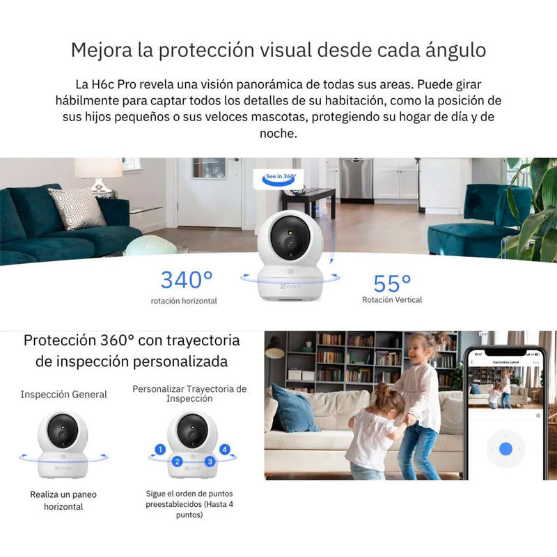 EZVIZ H6C PRO 2K Cámara de seguridad WIFI 3MP 360º audio 2 vías detecta mov, autotraking, videollamada