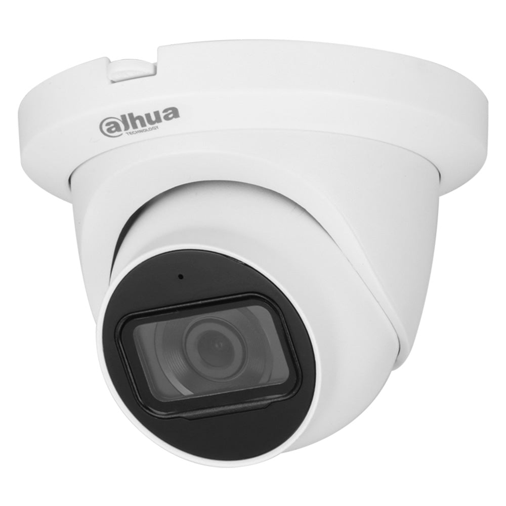 Cámara de seguridad domo blanca para videovigilancia, lente exterior visible.