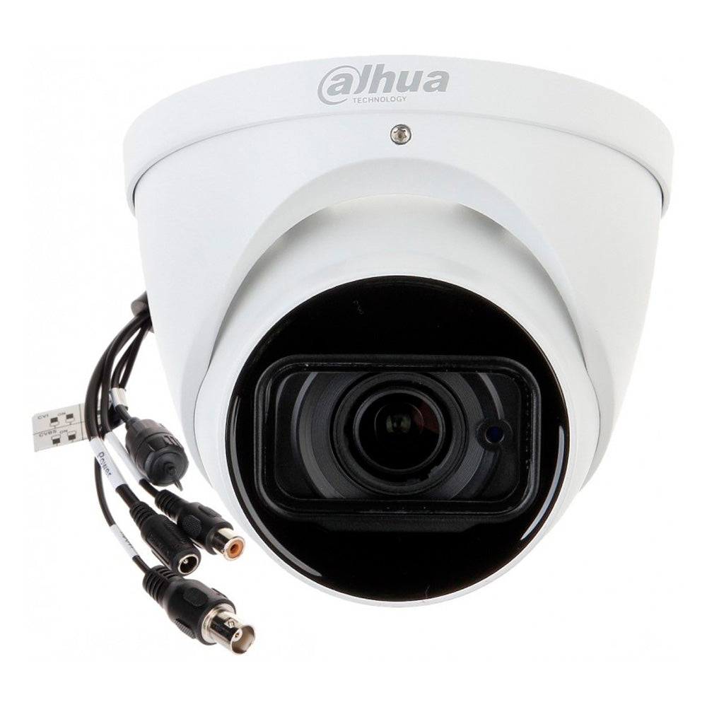 Cámara de videovigilancia domo Dahua blanca con cables de conexión, seguridad electrónica