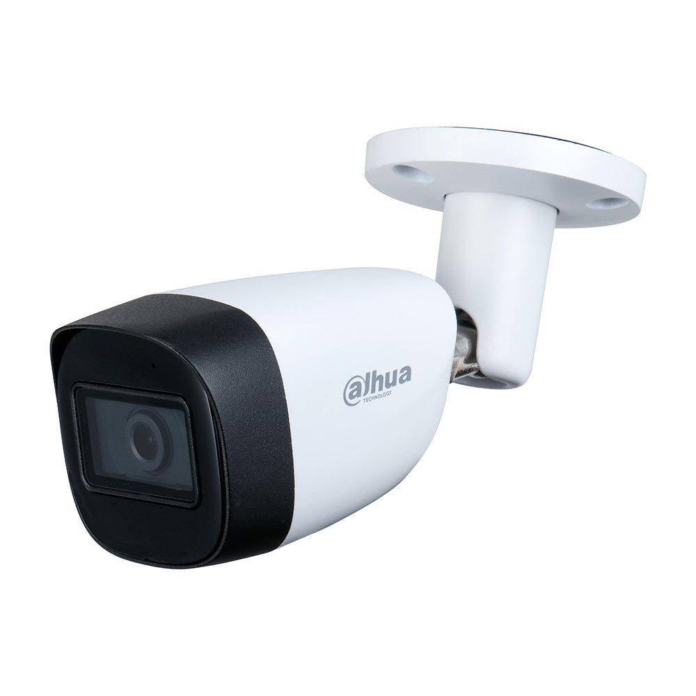 Cámara de videovigilancia exterior Dahua, carcasa blanca, lente cuadrada y soporte de pared