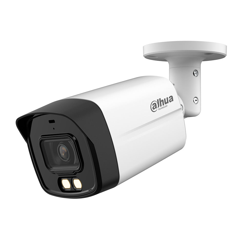 Cámara de seguridad Dahua tipo bala para videovigilancia, color blanco, con soporte de pared.
