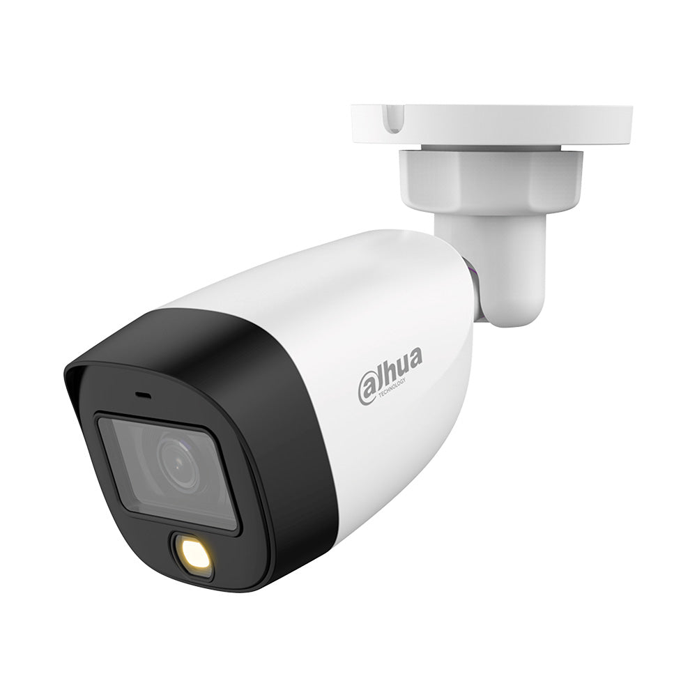 Cámara de seguridad Dahua tipo bullet blanca con LED, ideal para videovigilancia exterior.