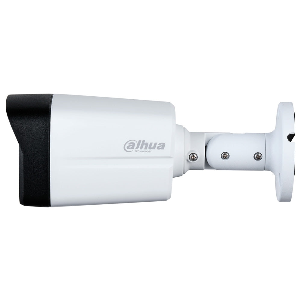 Cámara de seguridad tipo bala Dahua para videovigilancia, vista lateral, color blanco.