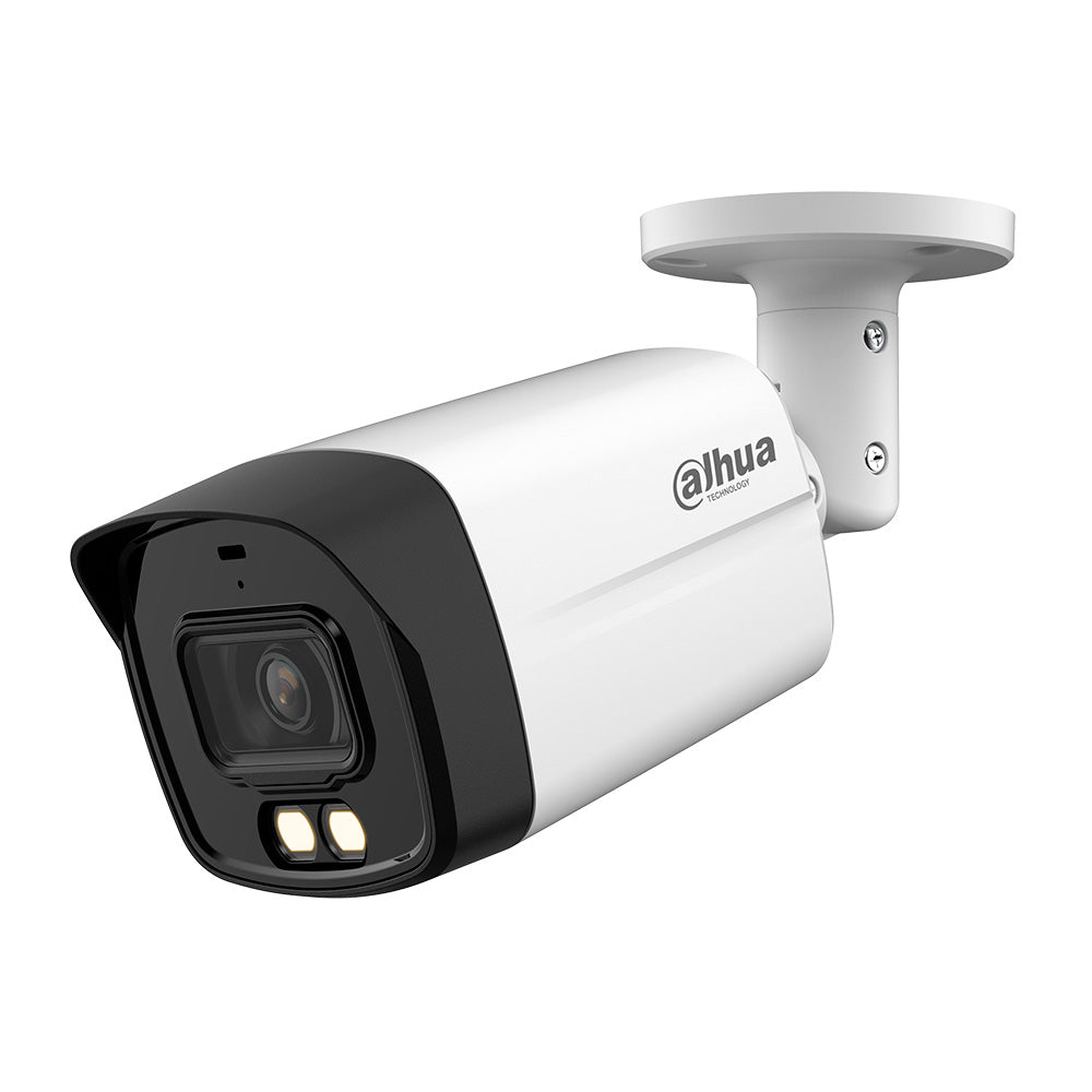 Cámara de seguridad tipo bala blanca y negra con LED, ideal para videovigilancia exterior.