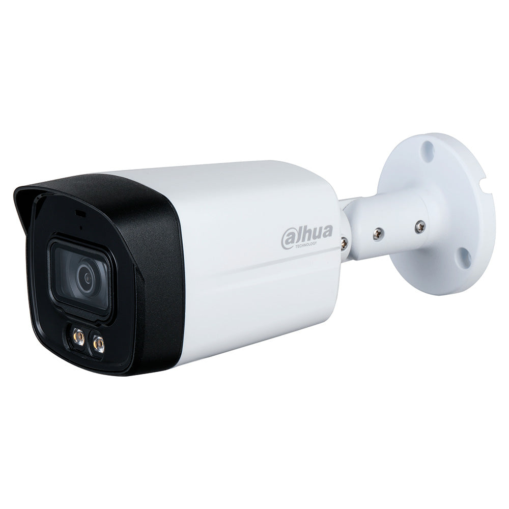 Cámara de videovigilancia Dahua tipo bala, carcasa blanca y negra, visión nocturna LED