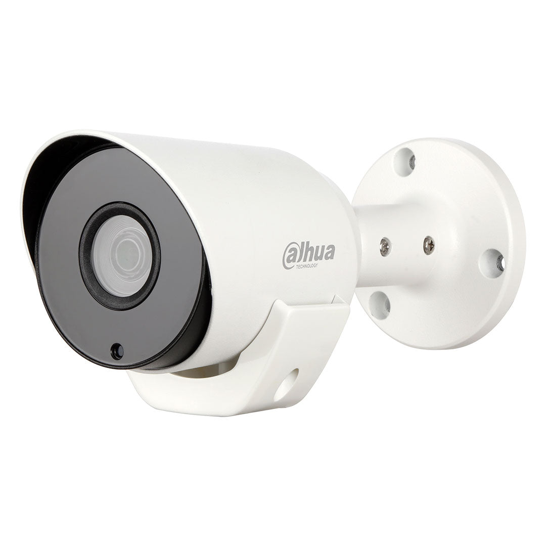 Cámara de vigilancia tipo bala Dahua blanca para seguridad electrónica y videovigilancia