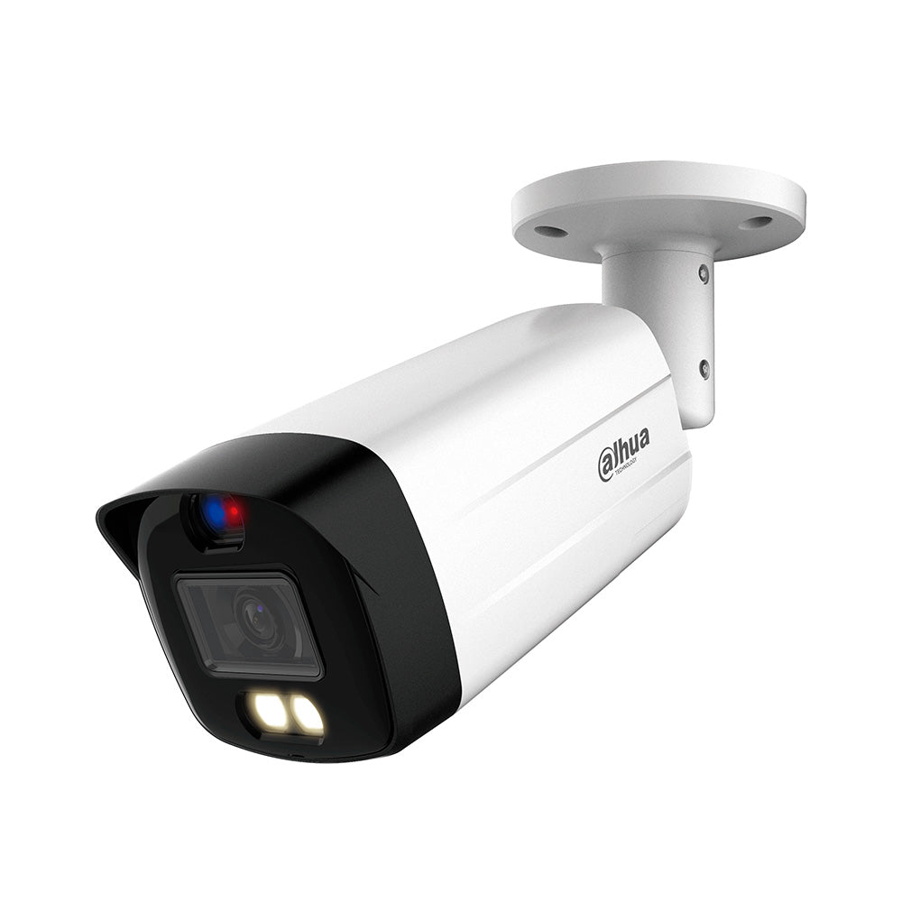 Cámara de seguridad tipo bala Dahua blanca con luz LED y lente visible para videovigilancia