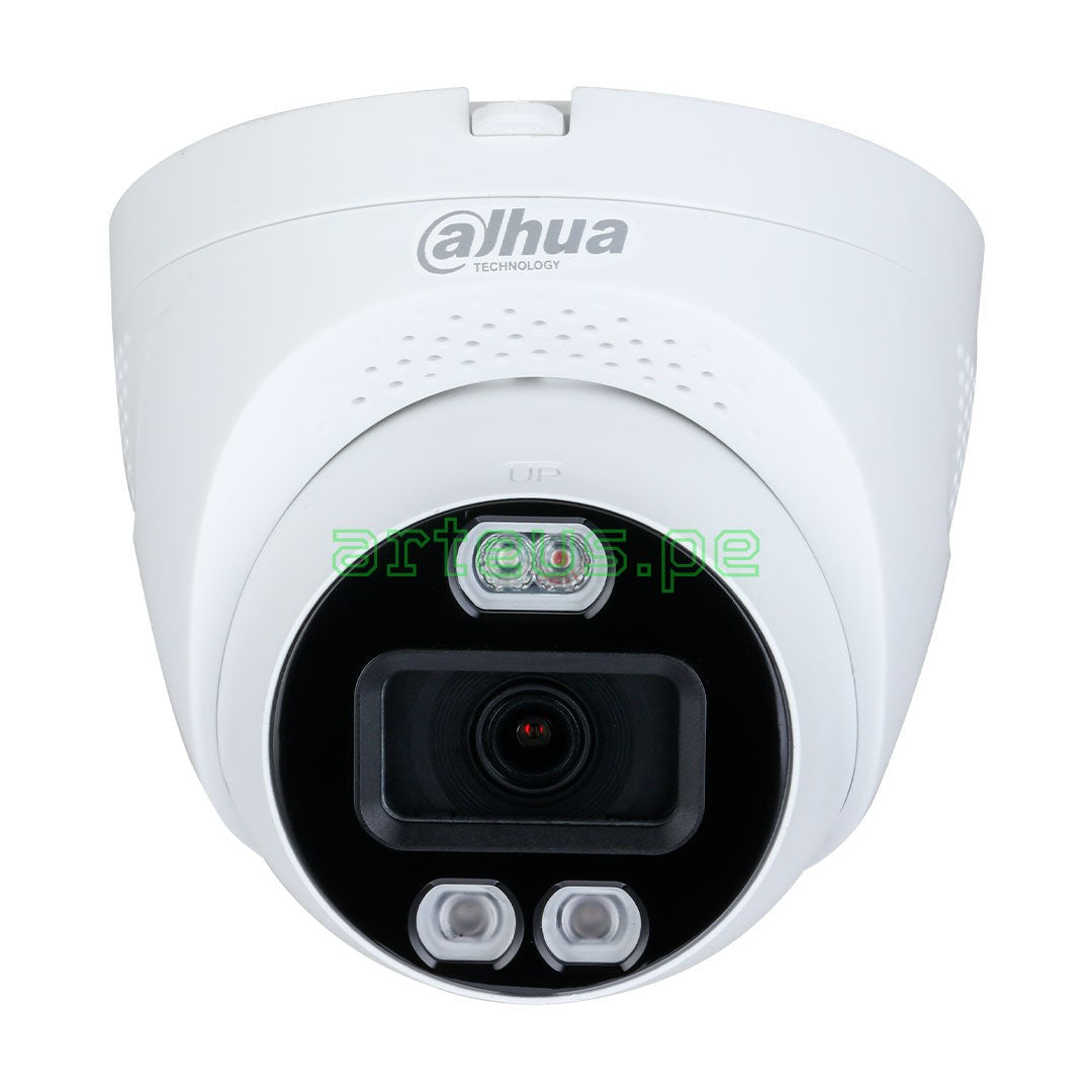 Cámara de seguridad domo Dahua blanca con lente y LEDs visibles para videovigilancia.