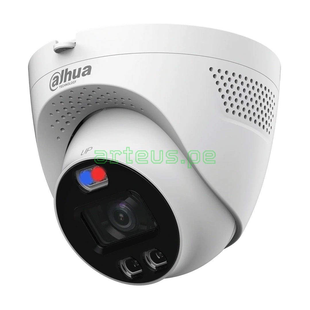 Cámara de seguridad Dahua tipo domo, color blanco, con lente HD y luces LED integradas.