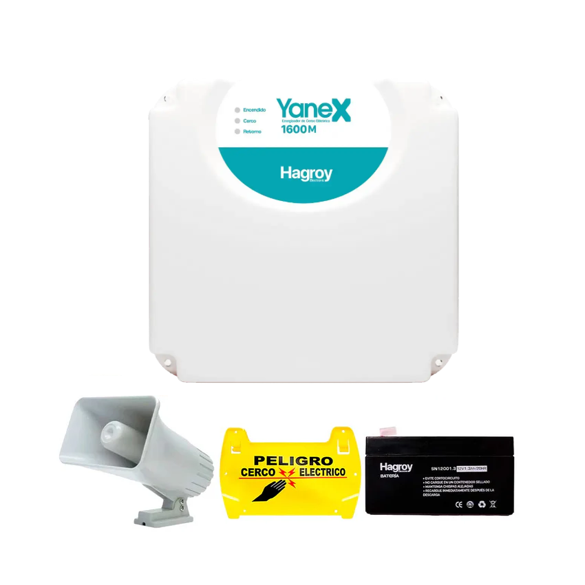 HAGROY KIT-YANEX1600-220 Kit de Cerco: Yanex 1600, Batería 4A, Sirena 30W y Letrero