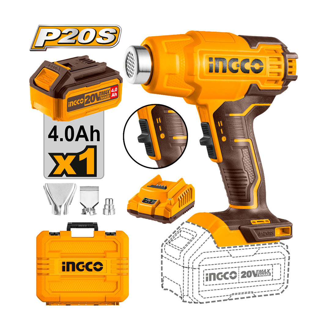 INGCO HGLI20025 Pistola de Calor 20V + batería 4.0Ah + cargador