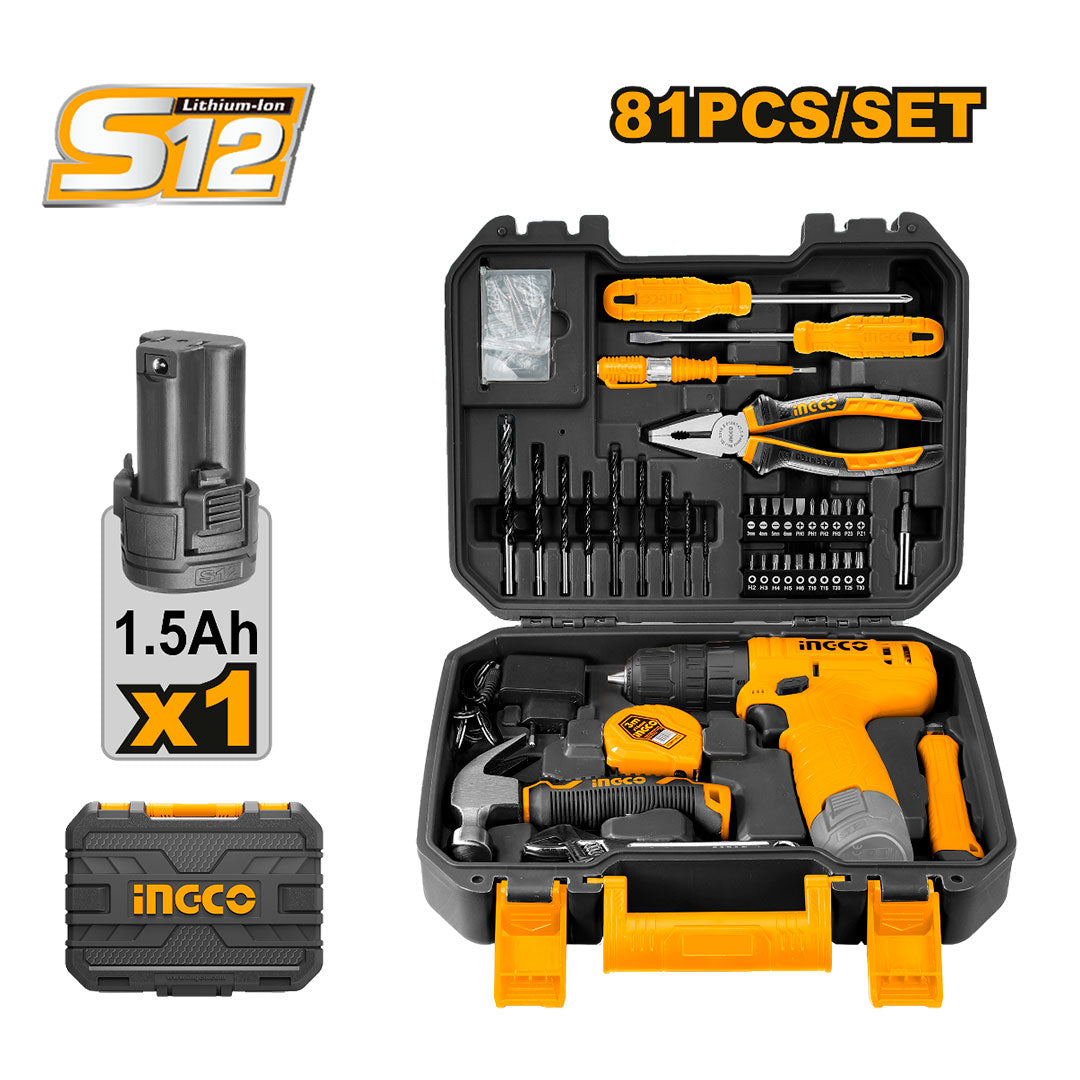 INGCO HKTHP10811 Kit de 81 piezas + atornillador eléctrico 12V