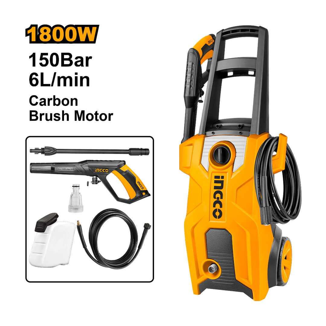 INGCO HPWR18008 Hidrolavadora de alta presión 1800W, 150 bares, 6.0L/m + accesorios