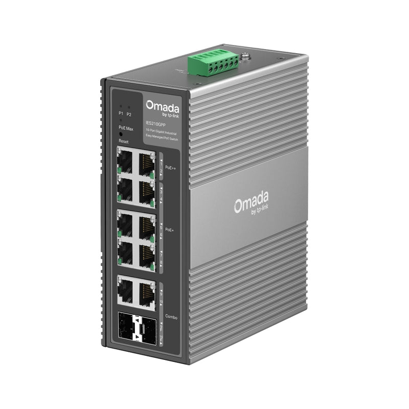 TP-LINK IES210GPP Conmutador industrial, Gigabit, Omada de 10 puertos, fácil de administrar, con 6 puertos PoE+ y 2 puertos PoE++