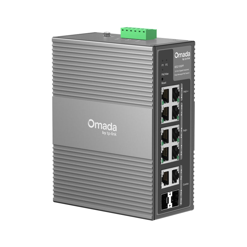 TP-LINK IES210GPP Conmutador industrial, Gigabit, Omada de 10 puertos, fácil de administrar, con 6 puertos PoE+ y 2 puertos PoE++
