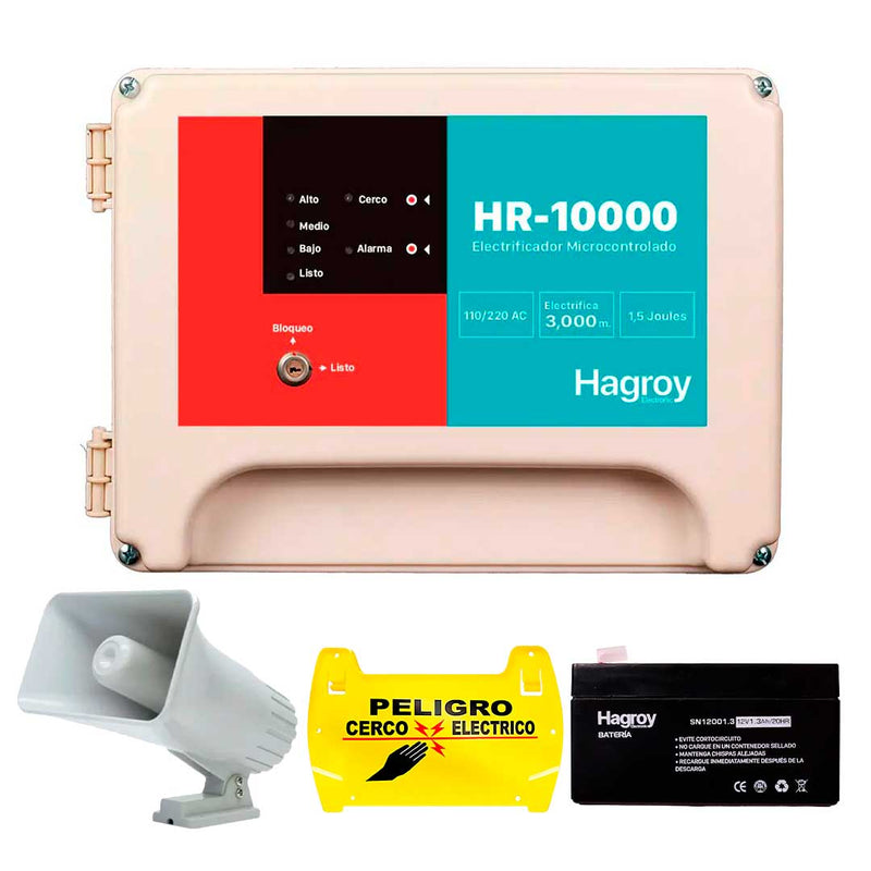 HAGROY KIT-HR10000 Kit Cerco Residencial: HR10000, batería 4amp, Sirena 30w y Letrero