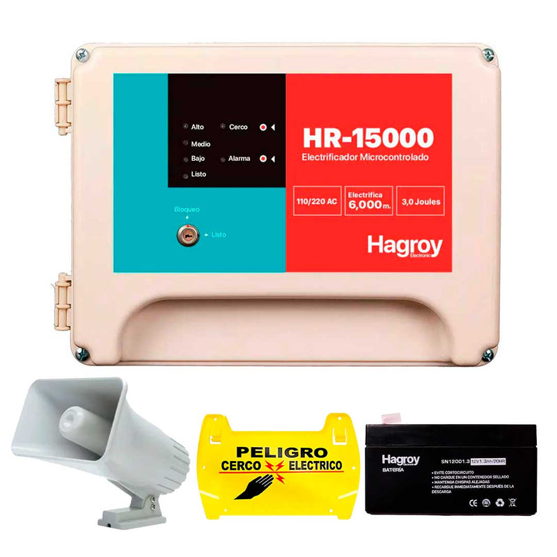 HAGROY KIT-HR15000 Kit de cerco: HR15000, Sirena 30w, Batería 4Amp y Letrero