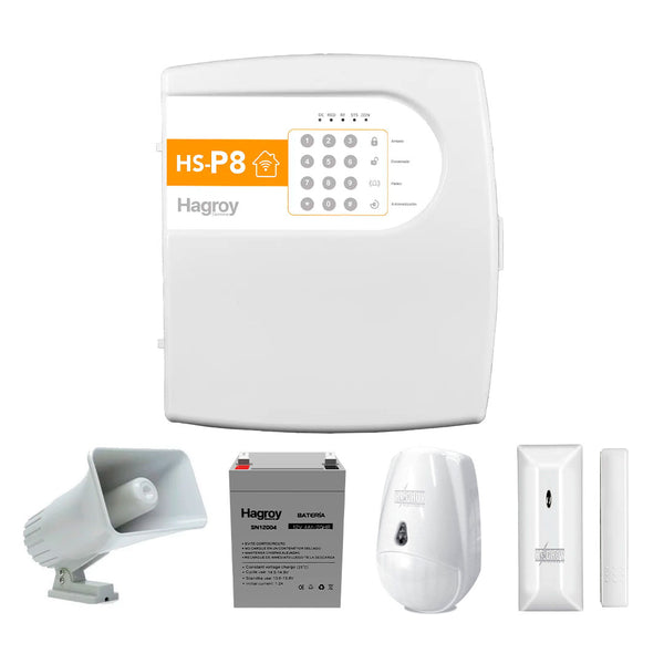 HAGROY KIT-HSP8-IN P8 Kit Inalámbrico: P8, Sirena 30w, Pir inalámbrico, Contacto Inalámbrico, llavero y batería 4amp