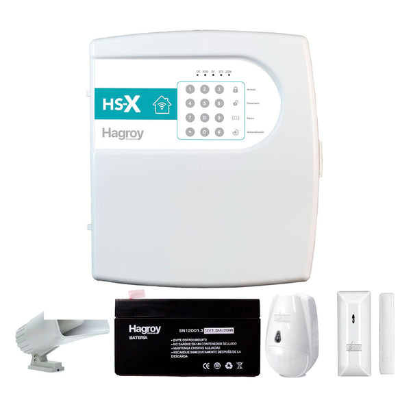 HAGROY KIT-HSX-IN Kit Inalámbrico: HS-X, Batería 4amp, Pir, Contacto magnético, Sirena 30w y Llavero