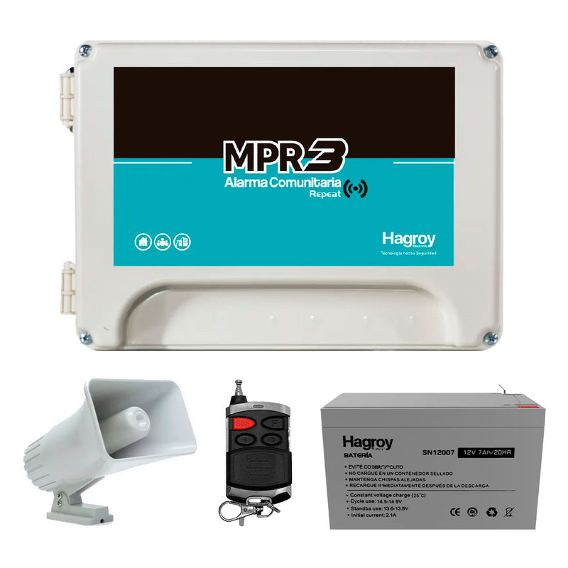 HAGROY KIT-MPR3-BAT7 Kit Alarma Vecinal: MPR3, Batería 7amp, Sirena 30w y Llavero 500m