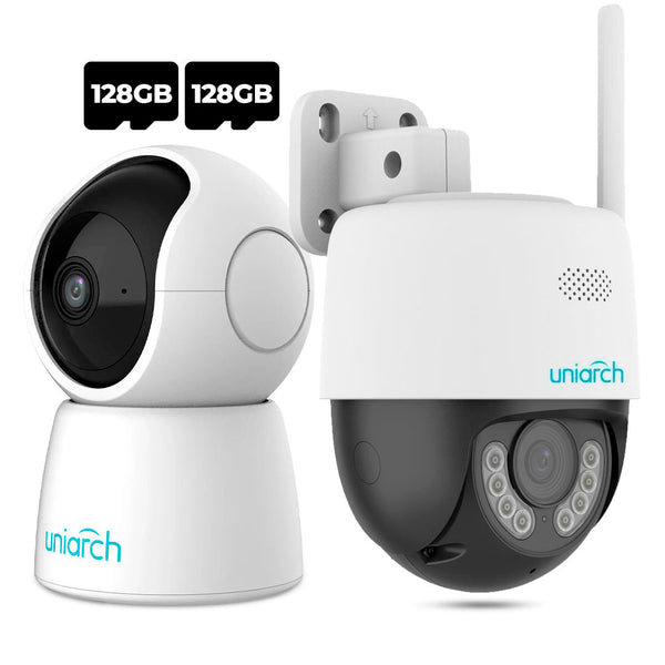 UNIARCH KIT-3, Pack Cámaras de seguridad Wifi 2MP, 360°: UHO-S2E (interior) + UHO-P1A-M3F4D (exterior) + 2 MicroSD 128GB