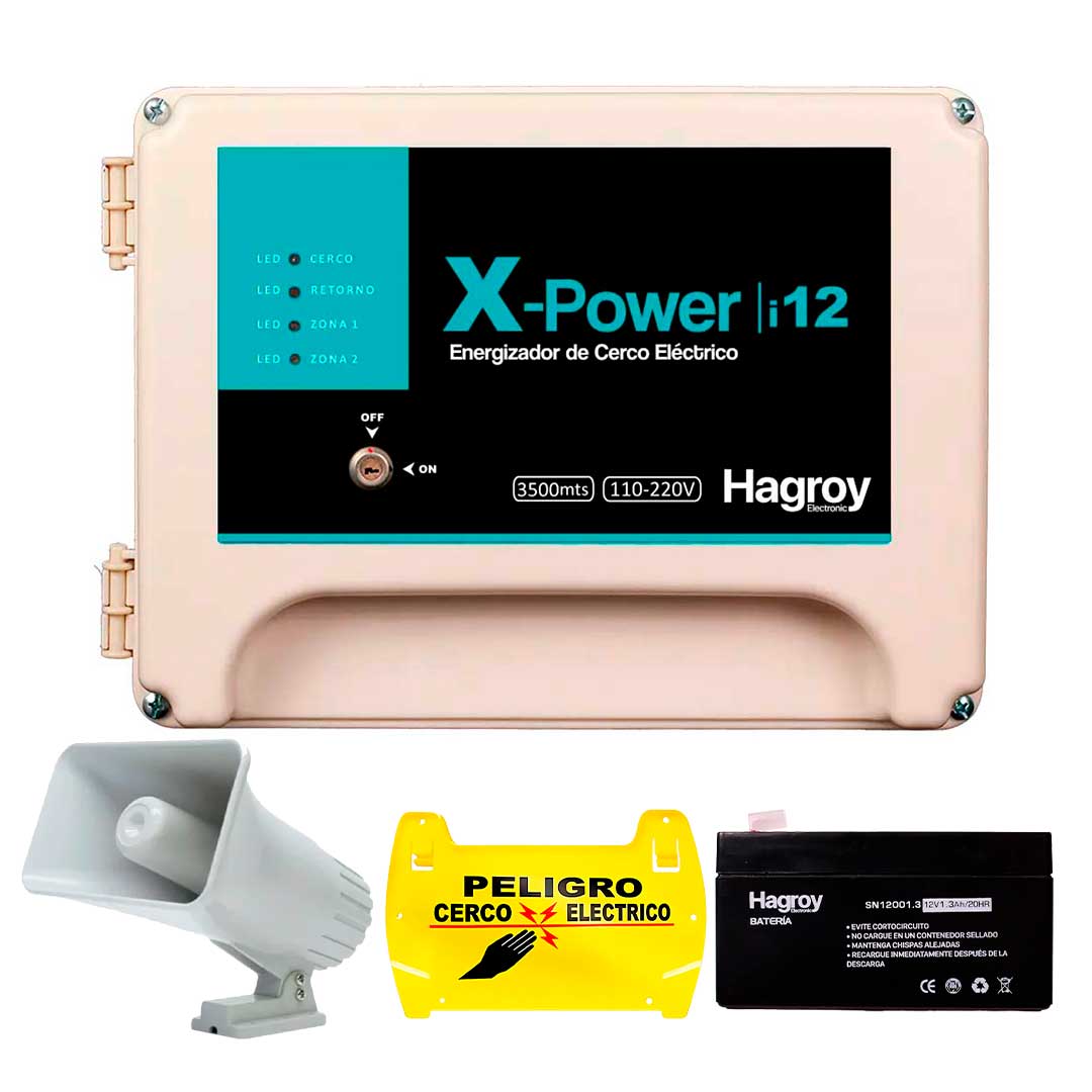 HAGROY KIT-XPOWERi12 Kit de Cerco: Xpower i12, Batería 4A, Sirena 30W y Letrero