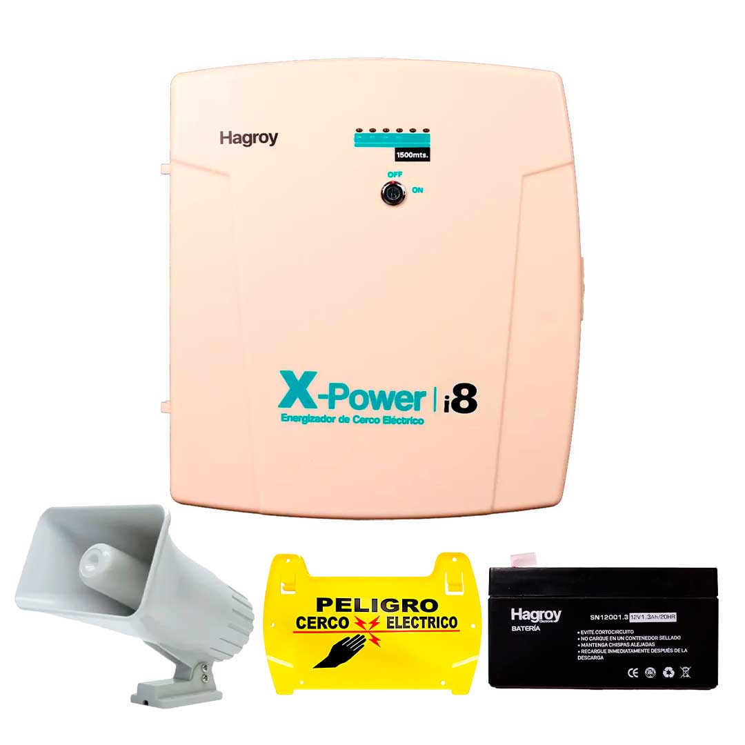 HAGROY KIT-XPOWERi8-2000 Kit de Cerco: Xpower i8, Sirena 30W, Batería 4A y Letrero