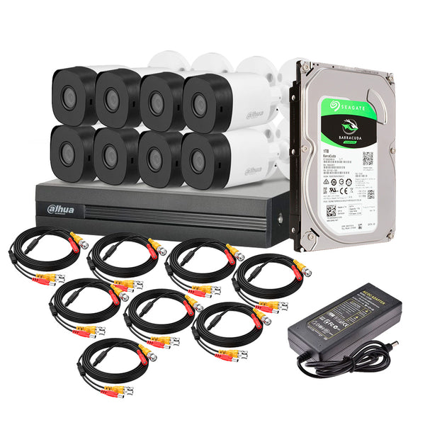 DAHUA KIT-XVR8C8CH-1TB-IL, Kit de cámaras HDCVI Full Hd: 8 cámaras exterior, XVR 8CH, 1TB, 8 Cables 18m, Fuente 5amp