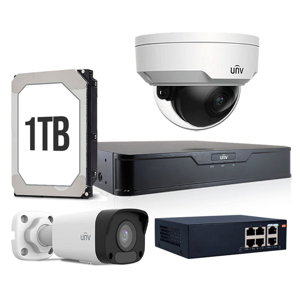 UNIVIEW KITUNIVIP-3 Kit cámara de seguridad IP 2MP: NVR 4ch+1 exterior+1 interior+1TB+Switch 6 POE