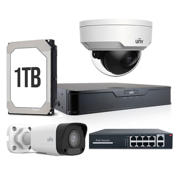 UNIVIEW KITUNIVIP-6, Kit cámaras de Seguridad IP POE 2MP Full HD: NVR 8canales, 1 cámara exterior, 1 cámara interior, 1TB, 1 Switch POE 8 puertos