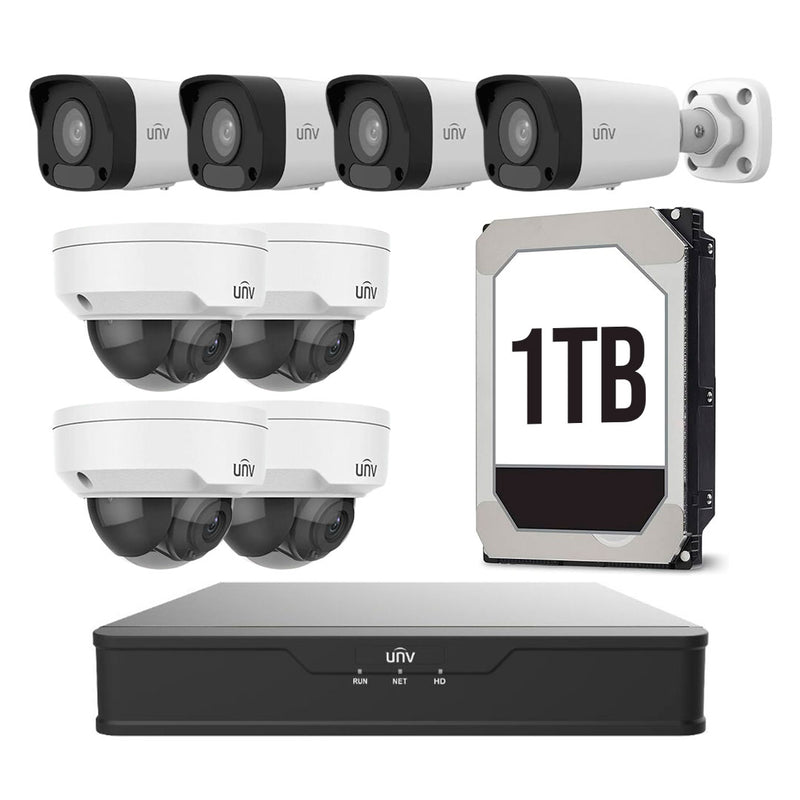 UNIVIEW KITUNIVIP-7, Kit cámaras de Seguridad IP PoE 2MP Full HD: NVR 8 canales, 4 cámara exterior, 4 cámara interior, 1TB