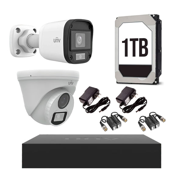 UNIVIEW KITUNIVTVI-8, Kit Cámara de Seguridad Analógico 2MP Full HD: Grabador XVR 8canales, 1 cámara interior, 1 cámara exterior, 1TB, 2 par balun, 2 fuentes 12v