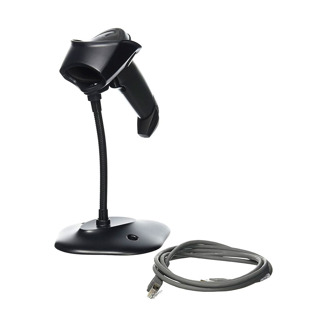Lector de códigos de barras negro con base y cable de red para punto de venta