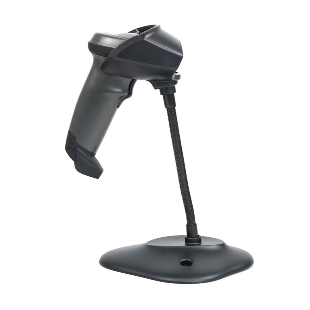 Lector de códigos de barras negro con base, ideal para puntos de venta y redes comerciales