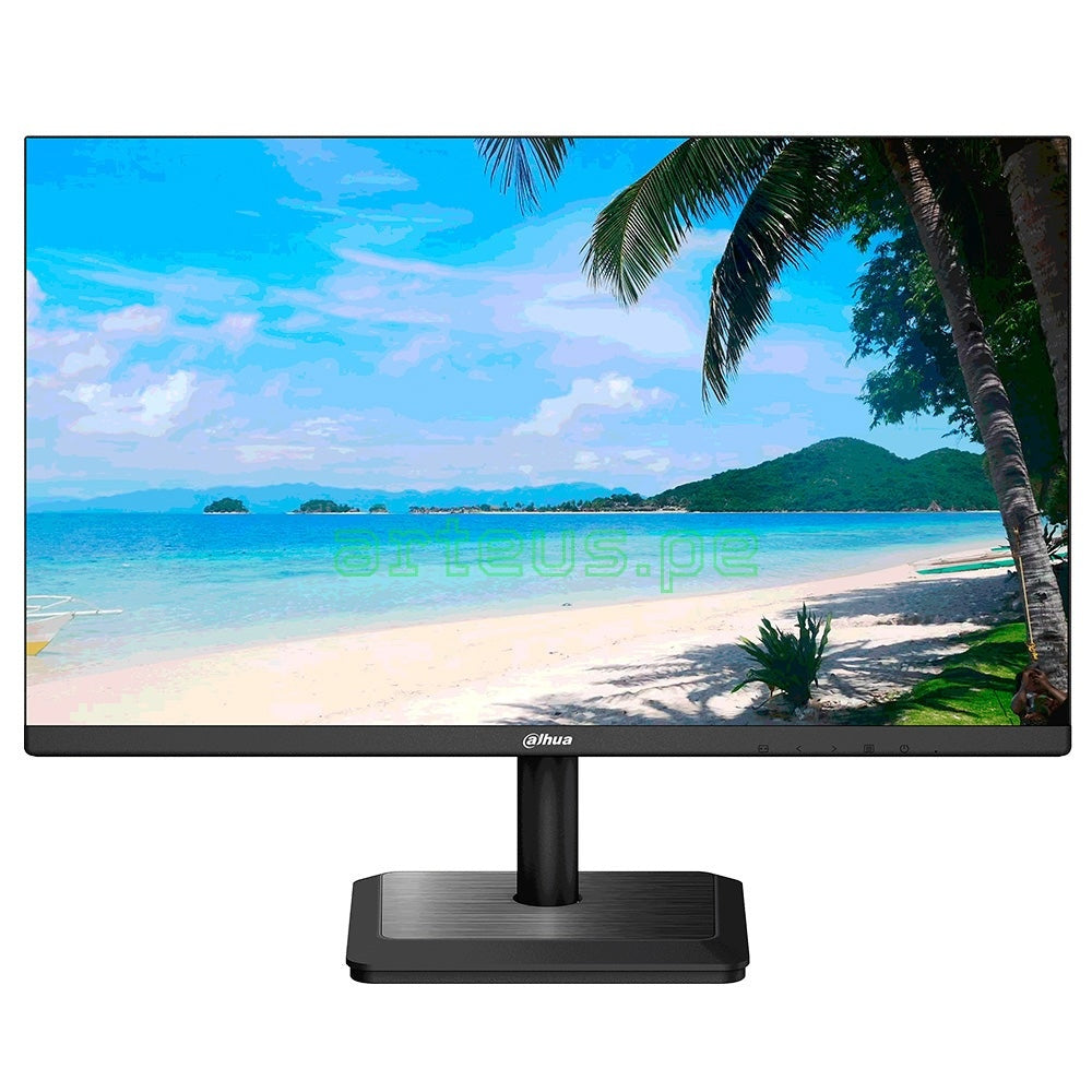 Monitor Dahua pantalla plana LED con imagen de playa, diseño moderno y bordes delgados