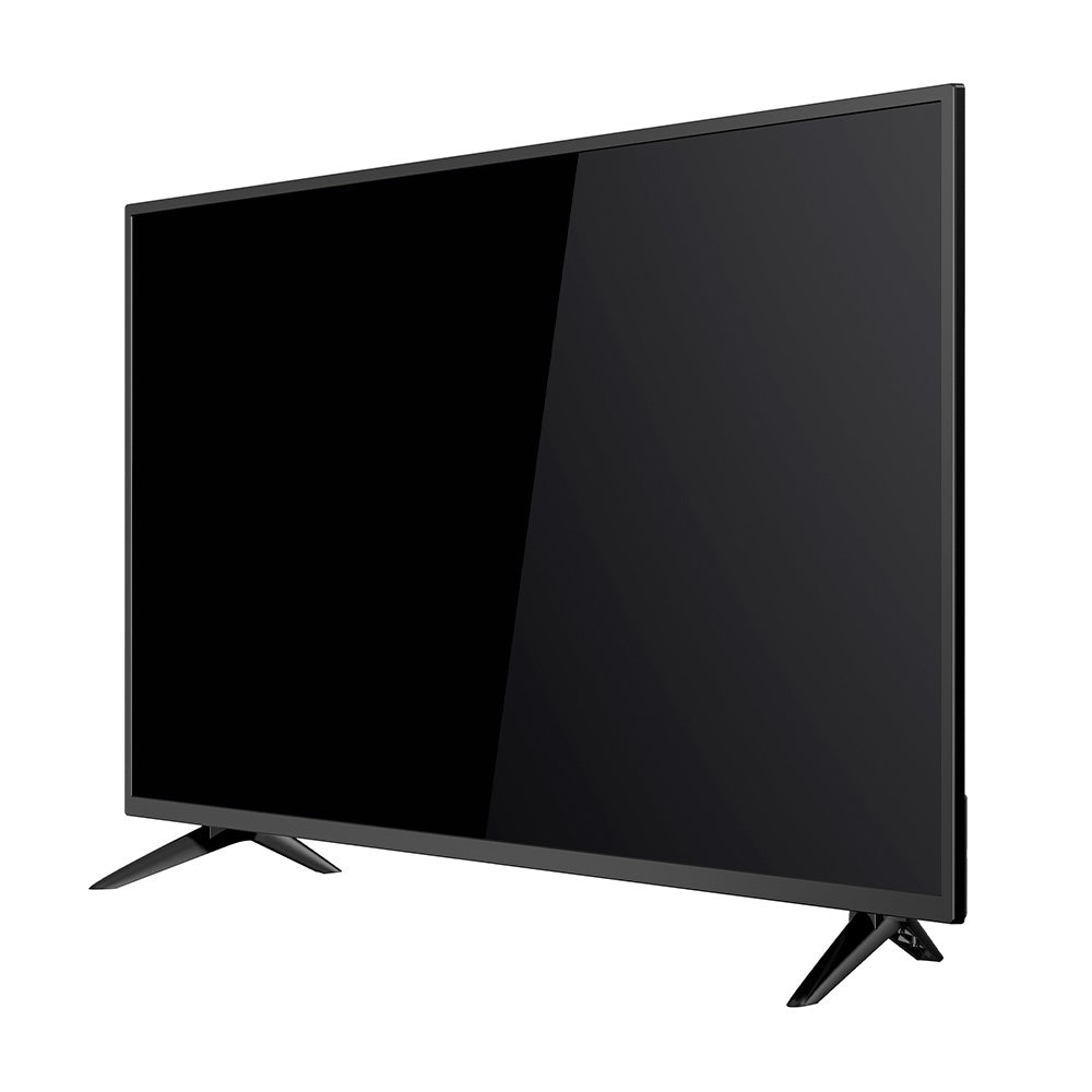 Pantalla plana LED de gran tamaño en ángulo, sobre fondo blanco, ideal para multimedia y videovigilancia.