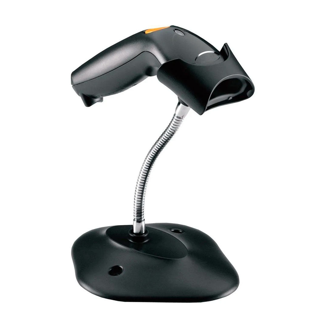 Lector de código de barras negro con base flexible para punto de venta o control de inventario