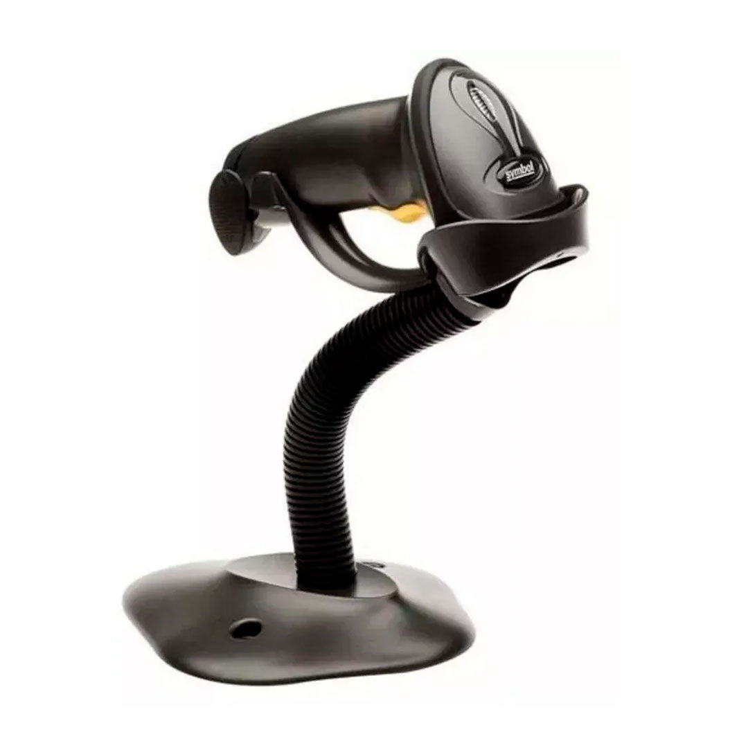 Lector de códigos de barras negro con soporte de escritorio, ideal para puntos de venta.