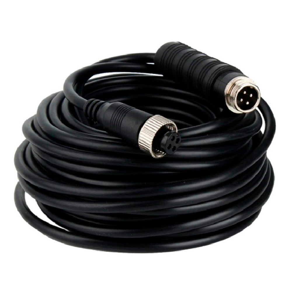 Cable de conexión negro con conectores circulares macho y hembra, ideal para redes o CCTV