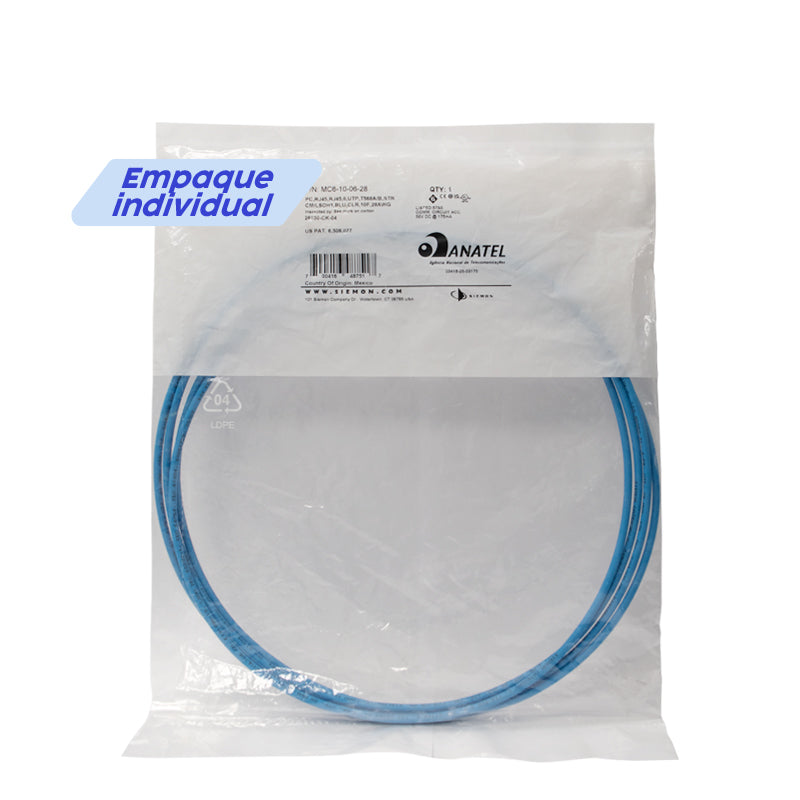 SIEMON MC6-10-06-28 Patch Cord UTP 28AWG RJ-45 Cat6 LSZH 3,0 m Azul SkinnyPatch®