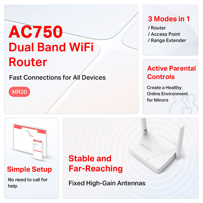 MERCUSYS MR20 Router Enrutador inalámbrico de doble banda AC750