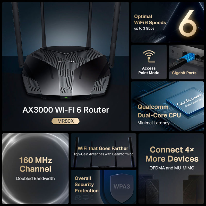 MERCUSYS MR80X Router WiFi 6 de doble banda AX3000