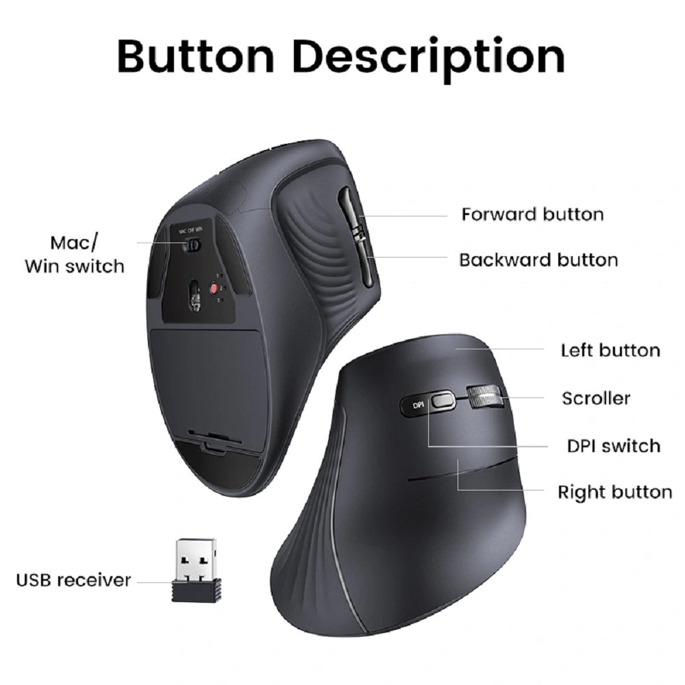 UGREEN MU008 25444 Mouse Wireless BT Ergonómico Vertical Negro 10m