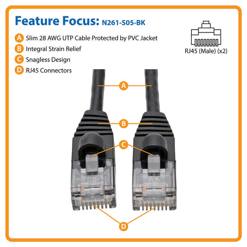 TRIPP-LITE N261-003-BK Cable Ethernet UTP sin enganches Serie Cat6 a 10G RJ45 M/M negro 91cm