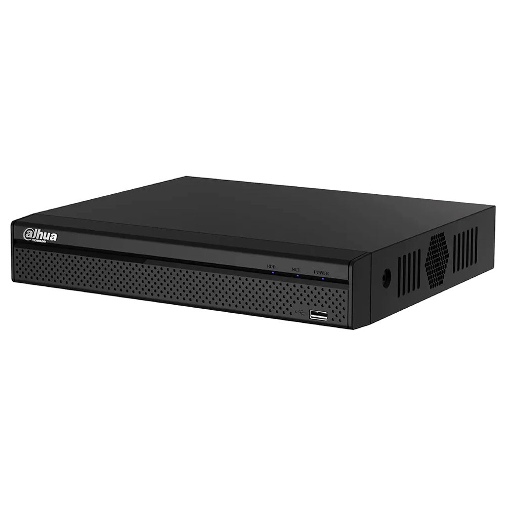 Grabador de videovigilancia negro con puertos USB y ventilación lateral, equipo de seguridad electrónica.
