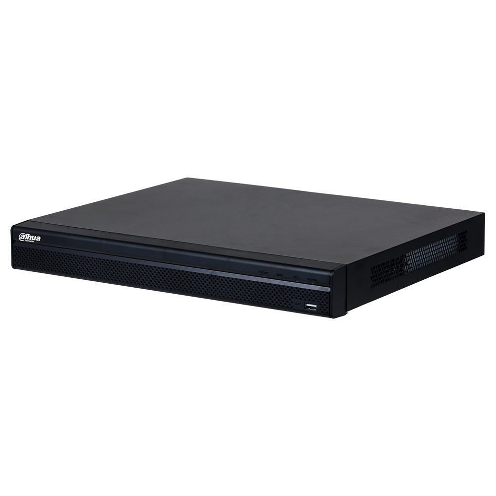 Grabador de video en red NVR negro, vista frontal, equipo de seguridad electrónica