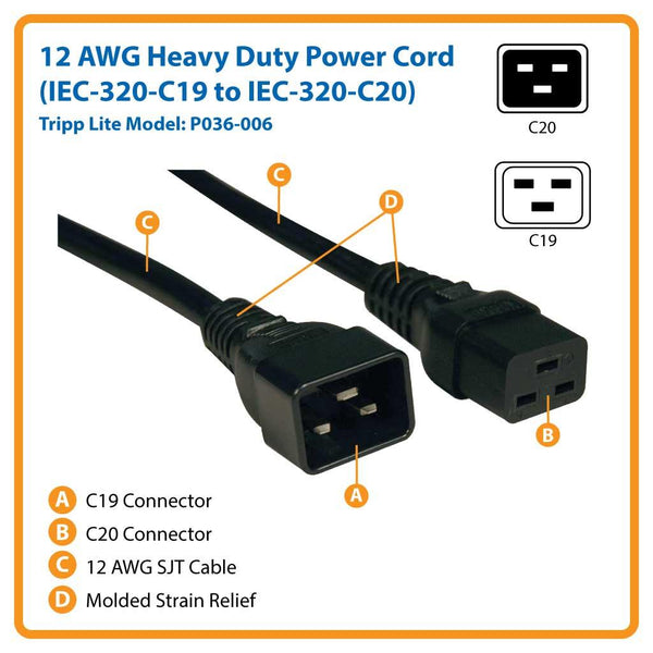 TRIPP-LITE P036-006 Cable, de Extensión, de Alta, Resistencia, C19 a C20,  20A, 250V, 12AWG, 1.83m, (6 pies), negro