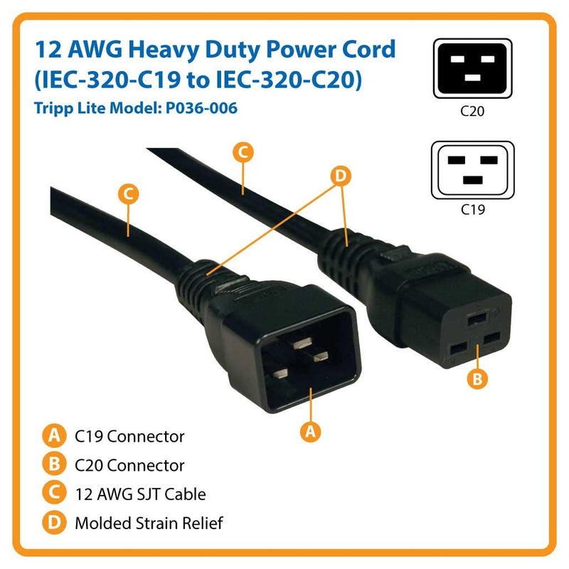 TRIPP-LITE P036-006 Cable, de Extensión, de Alta, Resistencia, C19 a C20,  20A, 250V, 12AWG, 1.83m, (6 pies), negro
